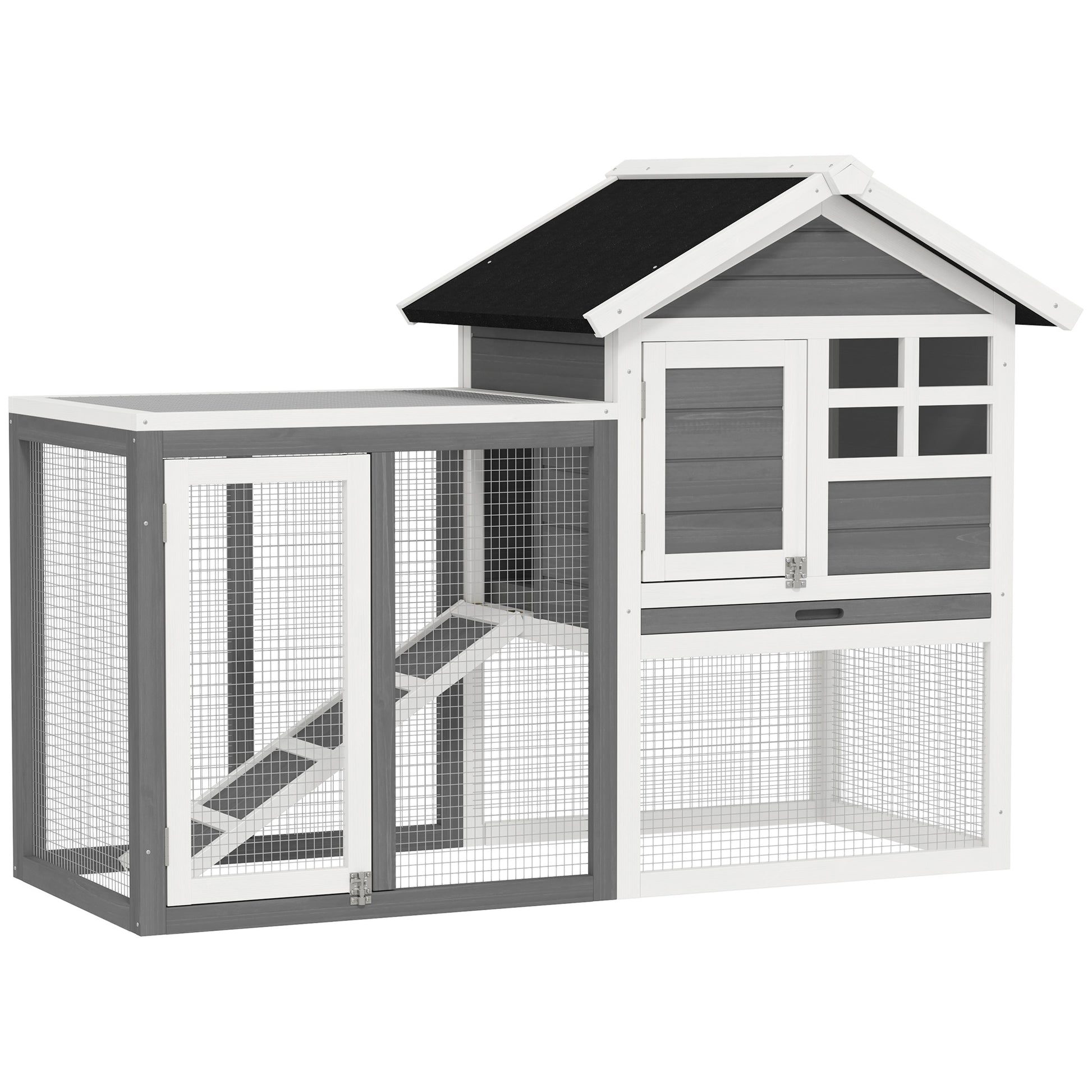 Pawhut Conejera De Madera Con Zona Abierta Y Rampa 123,5x62,6x92,5 Cm Gris_0