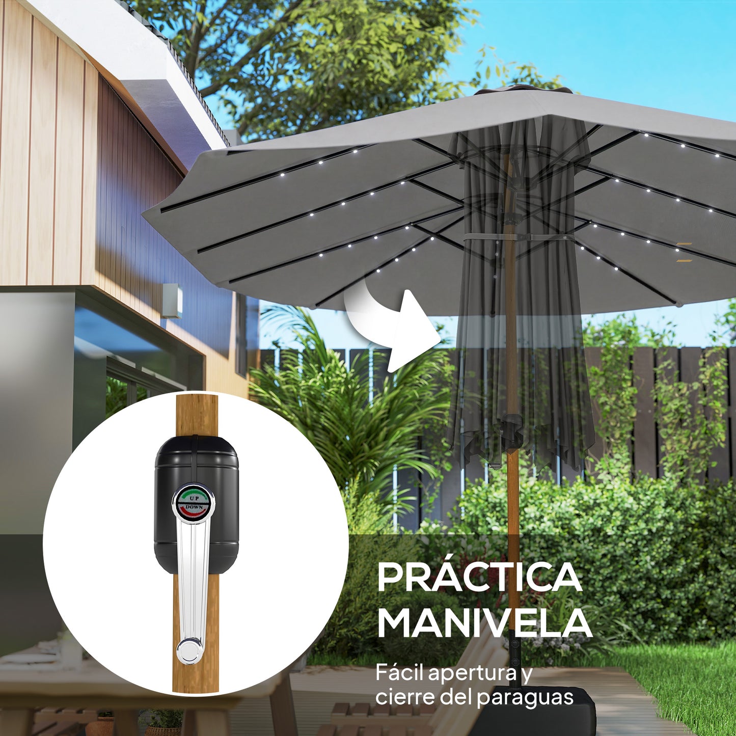 Outsunny Sombrilla Doble 4,6x2,6 M Con 48 Luces Led Base Incluida Y Manivela_5