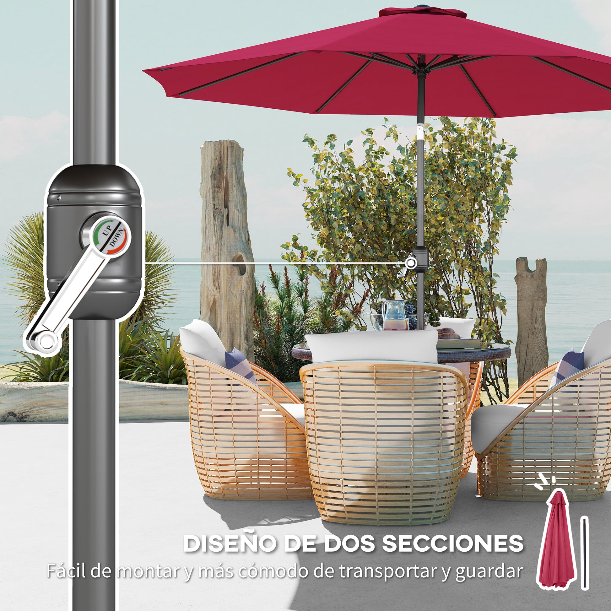 Outsunny Sombrilla De Jardín Ø295x250 Cm Con Manivela E Inclinación Vino Tinto_5
