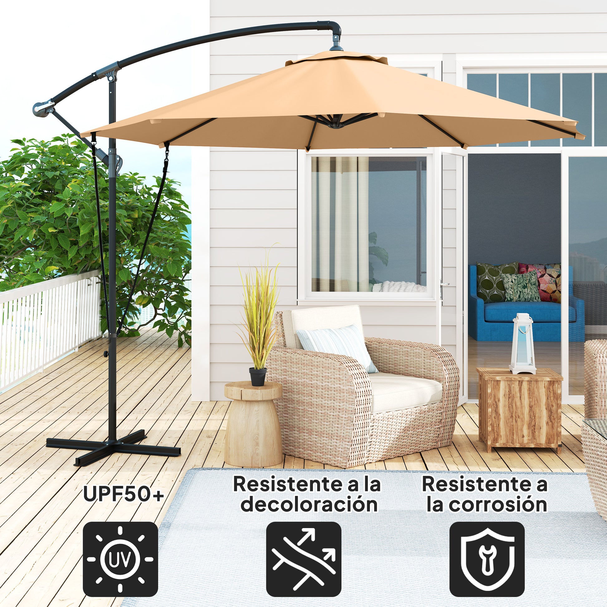 Outsunny Parasol Excéntrico Ø 290 Cm Con Base Cruzada Manivela Anti-uv 50+ Caqui_4