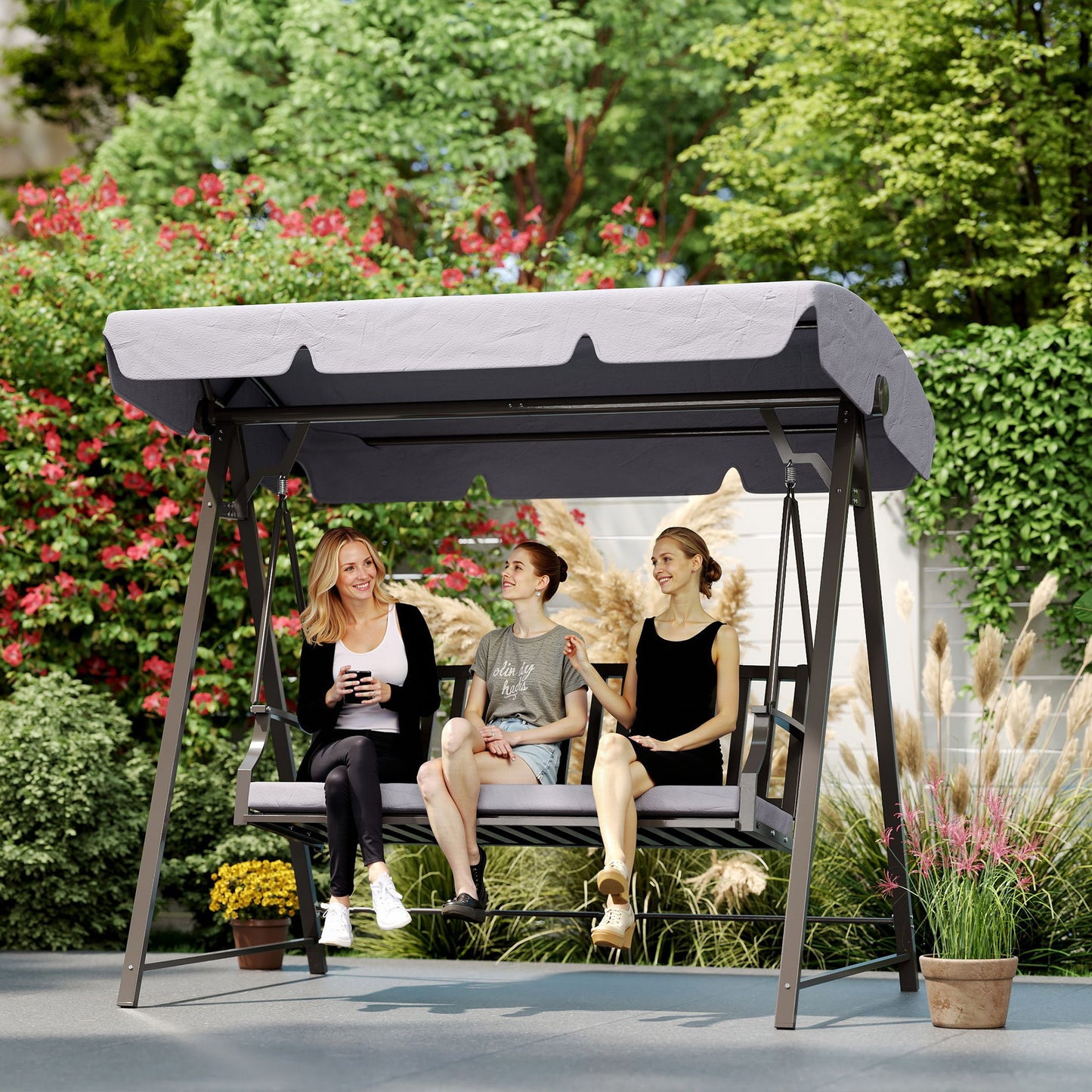 Outsunny Columpio De Jardín De 3 Plazas Con Toldo Ajustable Y Cojín Gris_1