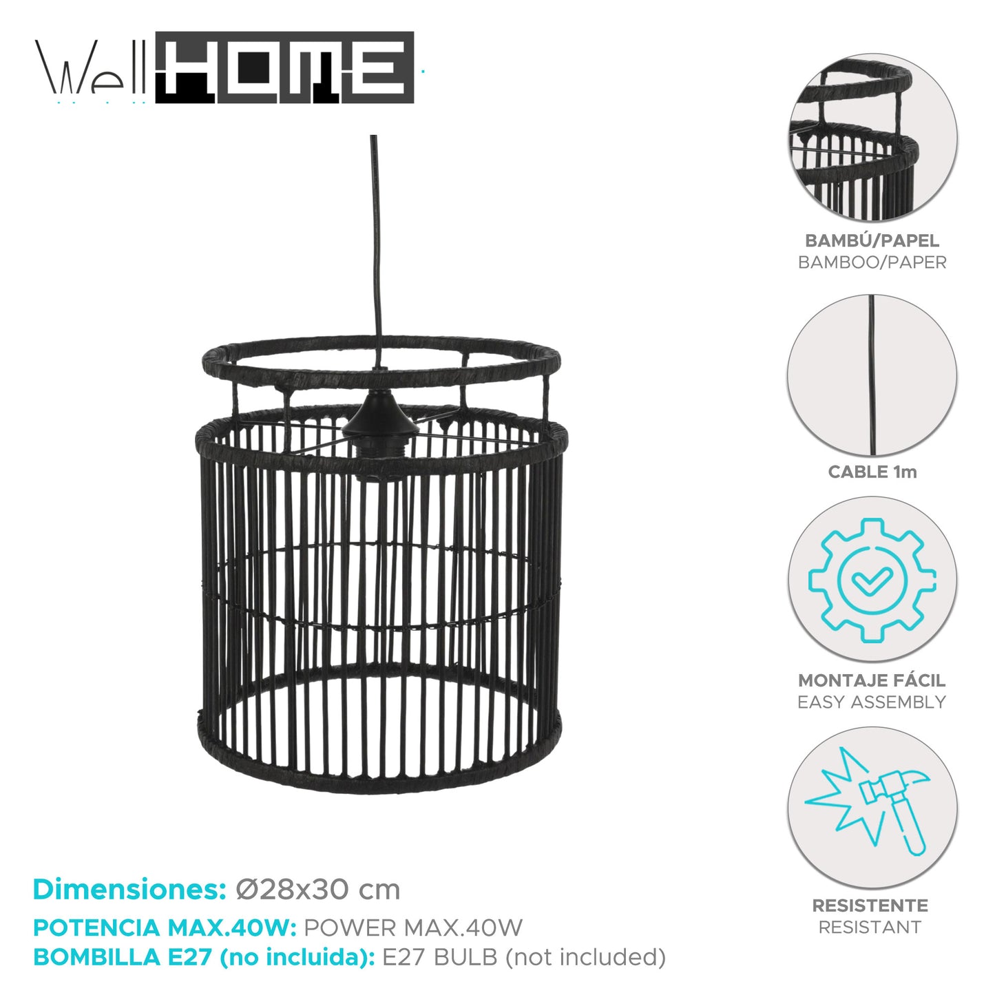 Well Home Lámpara Colgante En Bambú Color Negro Ø28x30cm