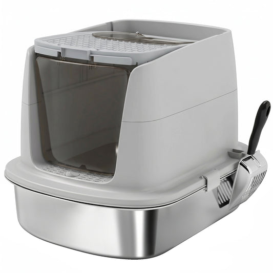 Pawhut Arenero Para Gatos De Acero Inoxidable L Con Tapa Abatible Gris Claro_0