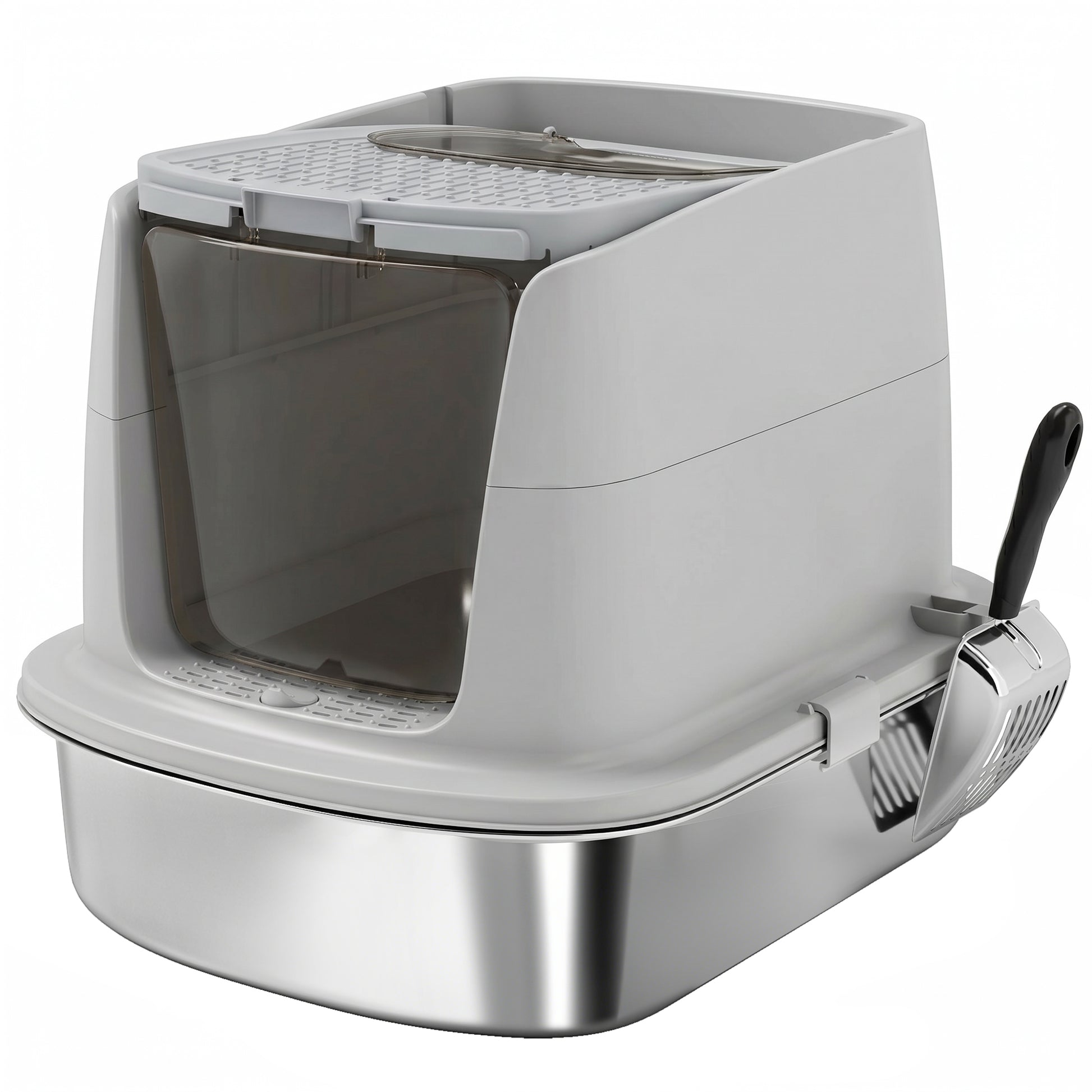 Pawhut Arenero Para Gatos De Acero Inoxidable L Con Tapa Abatible Gris Claro_0