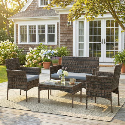 Outsunny Conjunto Jardín Exterior De Ratán Sintético Con Cojines Marrón Y Gris_1