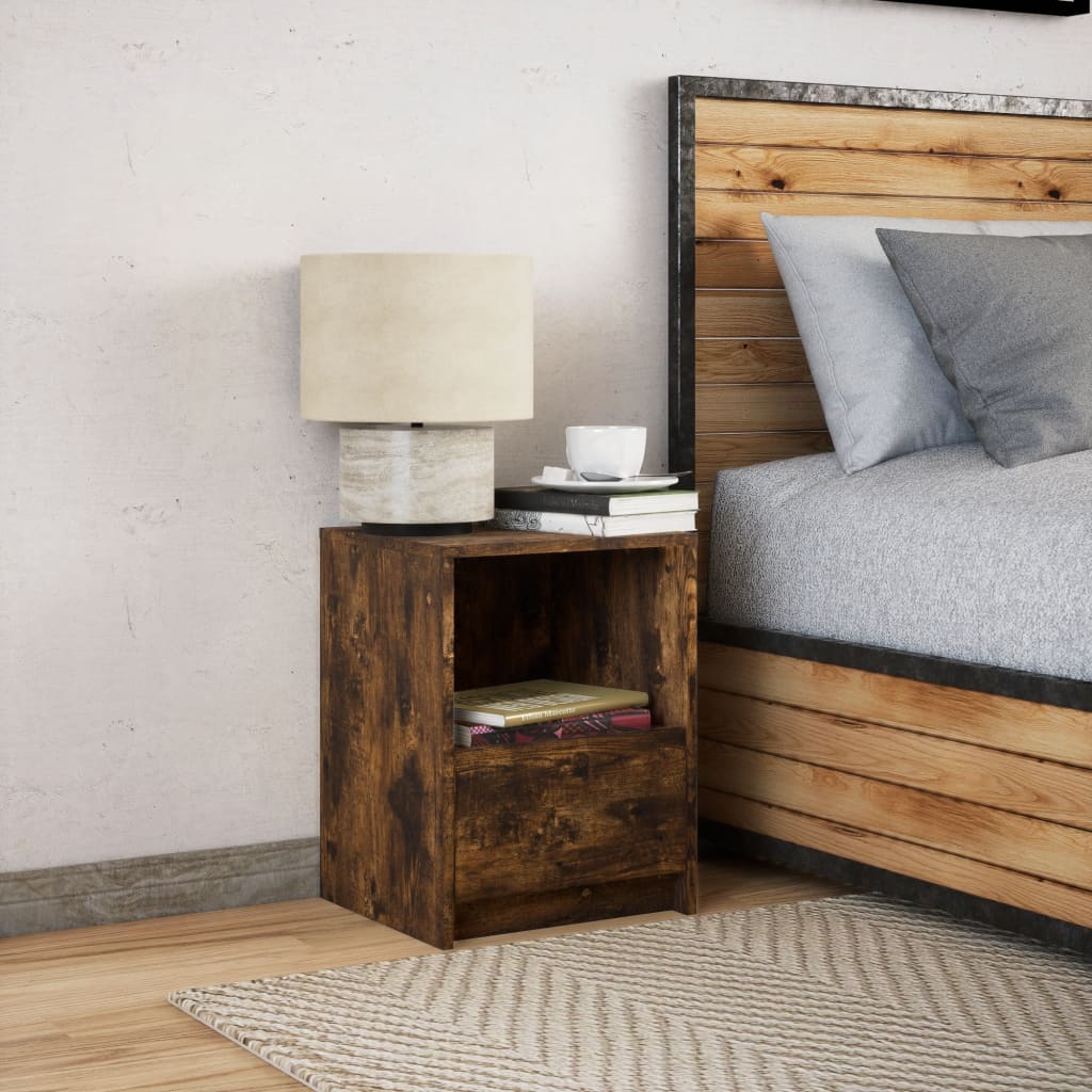 Mesita De Noche Con Luces Led Madera Ingeniería Roble Ahumado_2