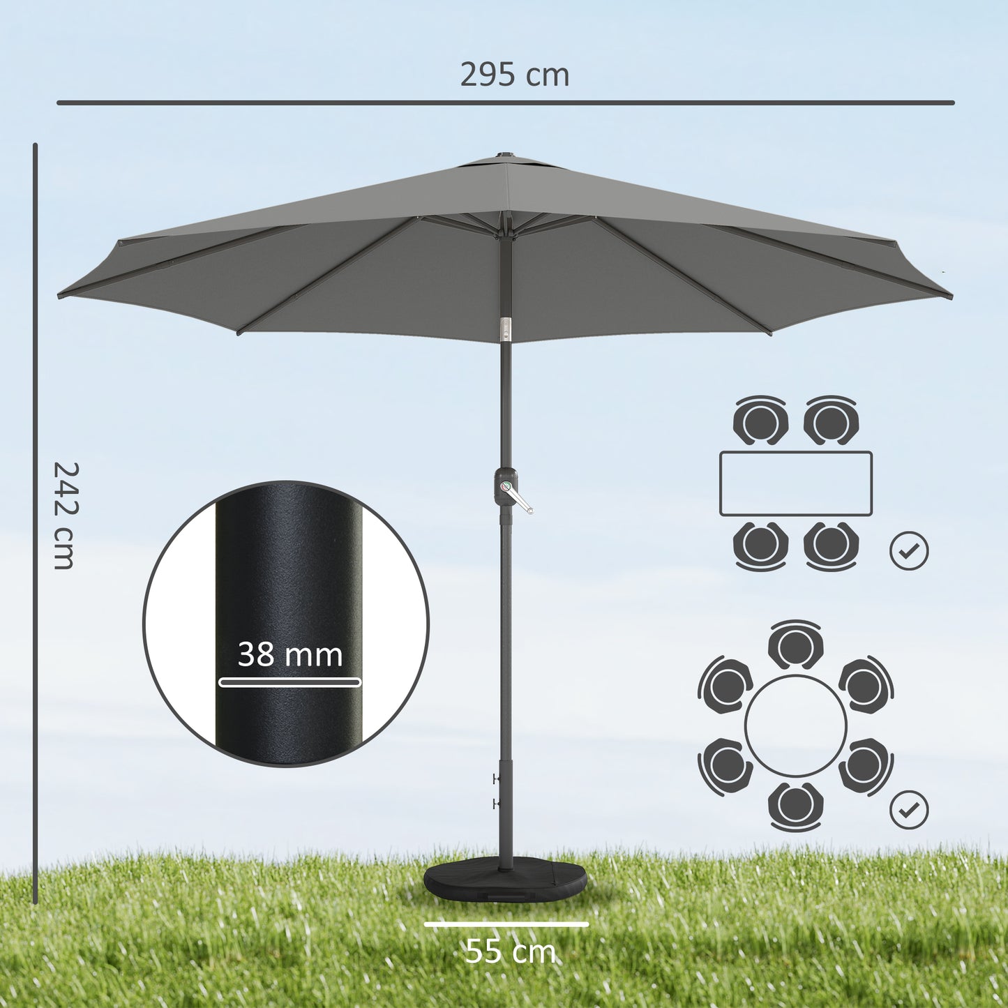 Outsunny Sombrilla Terraza Exterior 3x3 M Con Base Y Bolsa De Arena Gris Oscuro_2