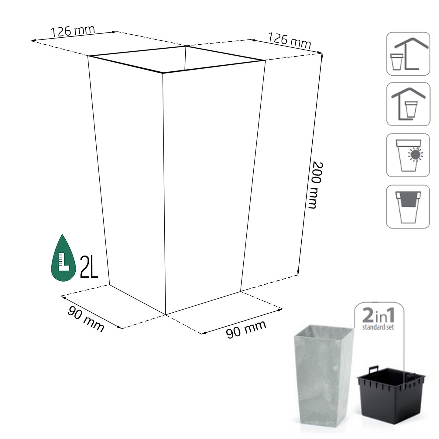 Maceta Urbi Square Beton Effect 2l., Dimensiones (mm) 126x126x200, Color Antracita_2