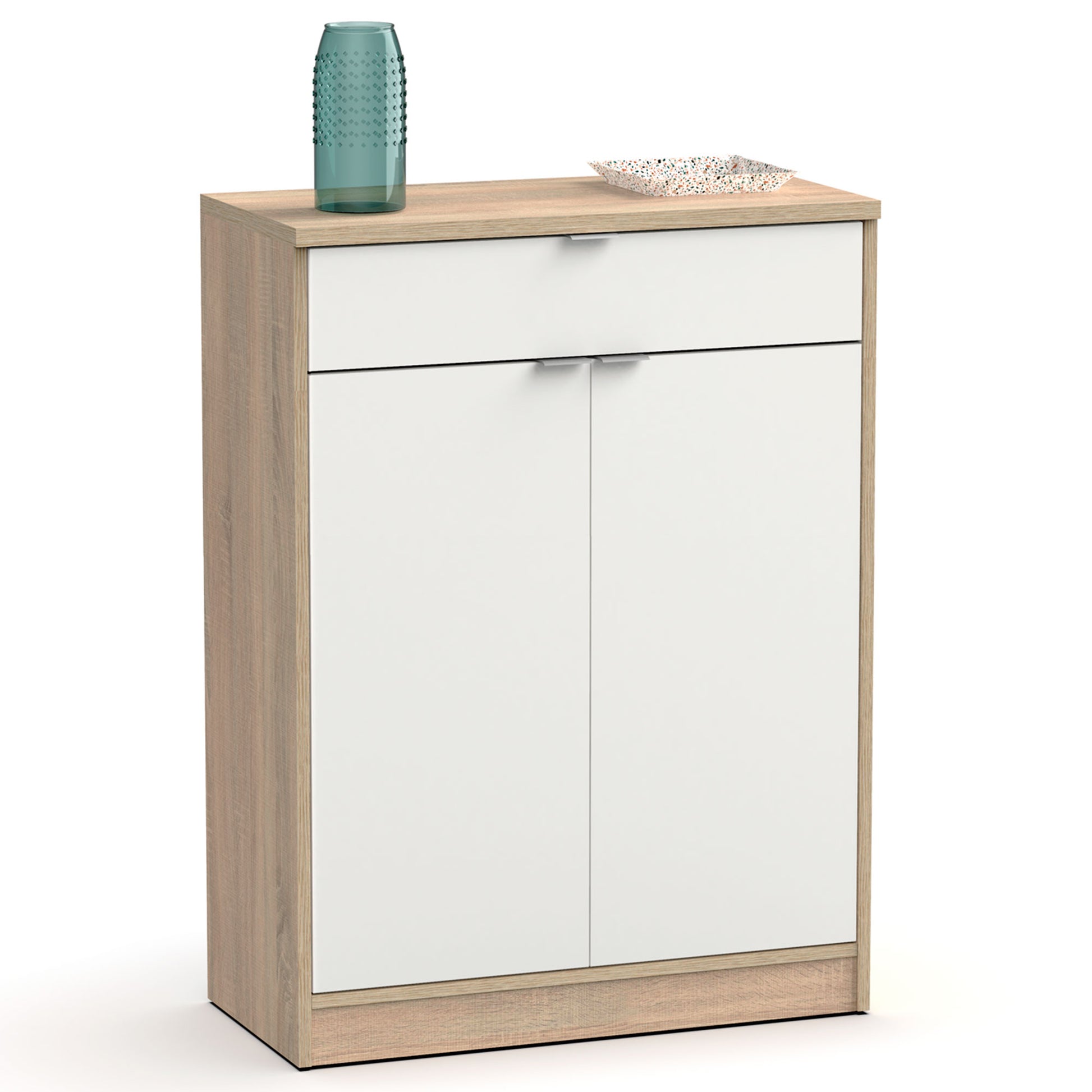 Zapatero Entrada Recibidor, Mueble Auxiliar Estrecho Zapatos, 2 Puertas, 1 Cajón 101x75x36 Cm, Briebe, Domus, Blanco