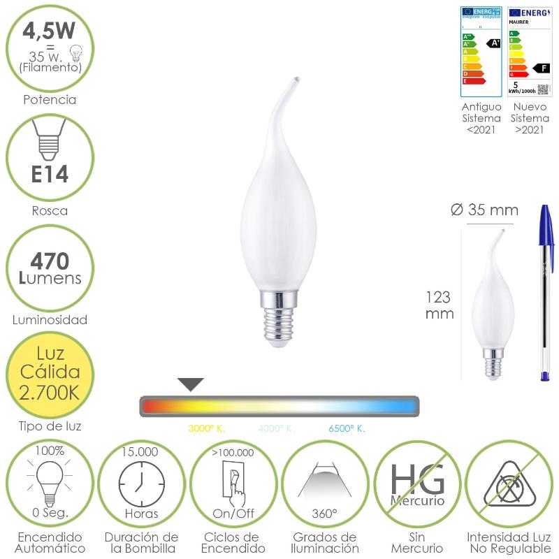 Bombilla Led Filamento Vela Llama Esmerilada E14. 4,5 Watt. Equivale A 35 Watt. 470 Lumenes. Luz Calida 2700º K._0
