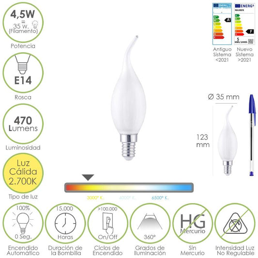 Bombilla Led Filamento Vela Llama Esmerilada E14. 4,5 Watt. Equivale A 35 Watt. 470 Lumenes. Luz Calida 2700º K._0