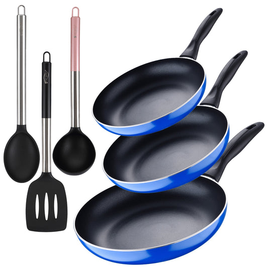Set 3pc Sarten (16+20+24cm) Aluminio Prensado, Inducción, Azul Navy Paradise Con Set 3pc Utensilios De Cocina Nylon_0