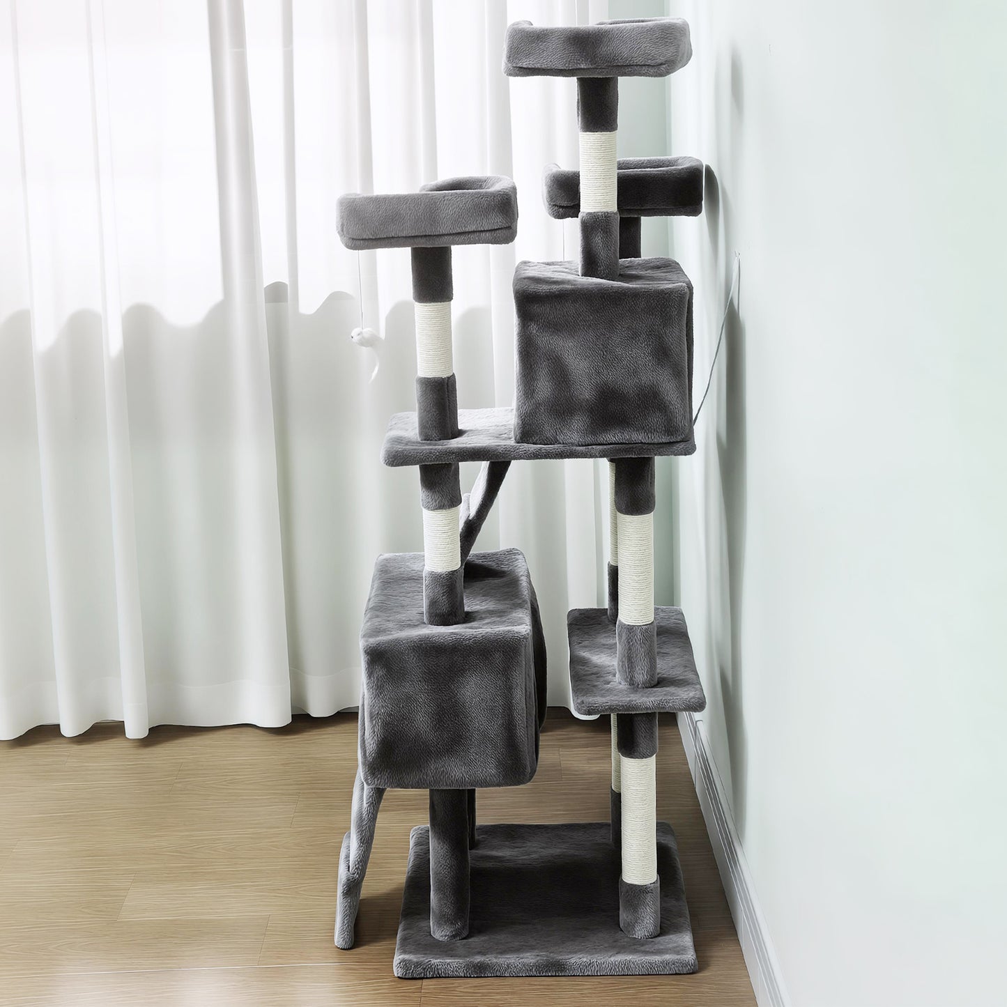 Pawhut Árbol Rascador Para Gatos 153 Cm Con 2 Cuevas 3 Camas 2 Rampas Gris_3