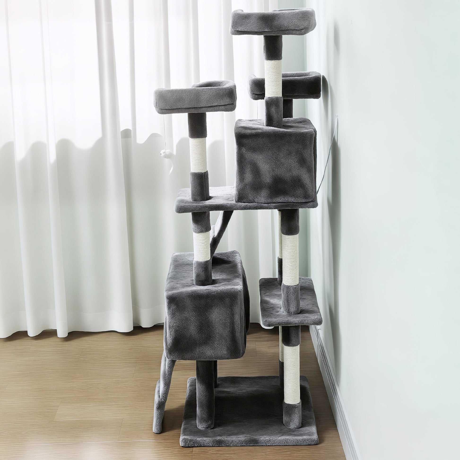 Pawhut Árbol Rascador Para Gatos 153 Cm Con 2 Cuevas 3 Camas 2 Rampas Gris_3