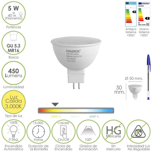 Bombilla Led Dicroica Rosca Gu 5.3 / Mr16. 5 Watt. Equivale A 40 Watt. 405 Lumenes. Luz Cálida (3000º K.)_0