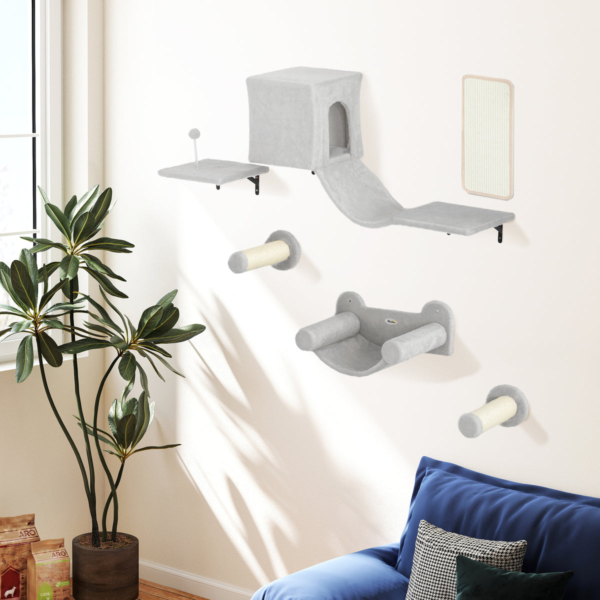 Pawhut Juego De Pared De Escalada Para Gatos 6 Piezas Con Condominio Plataforma_3