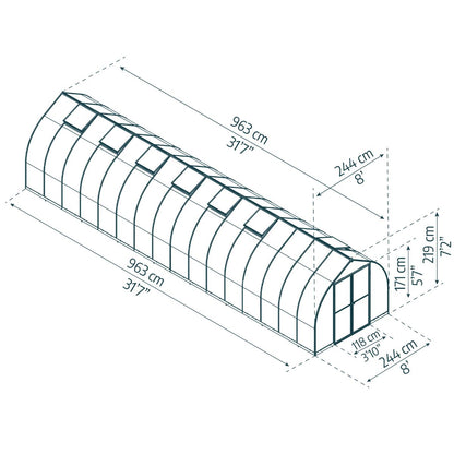 Canopia Bella Invernadero De Jardín Policarbonato 964X244X219 cm Plata Difusa