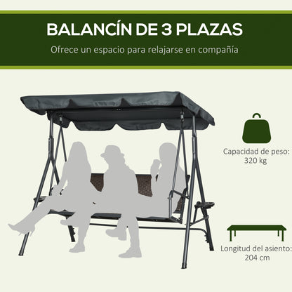 Outsunny Columpio De Jardín De 3 Plazas Con Toldo Ajustable 204x112x150 Cm Gris_3