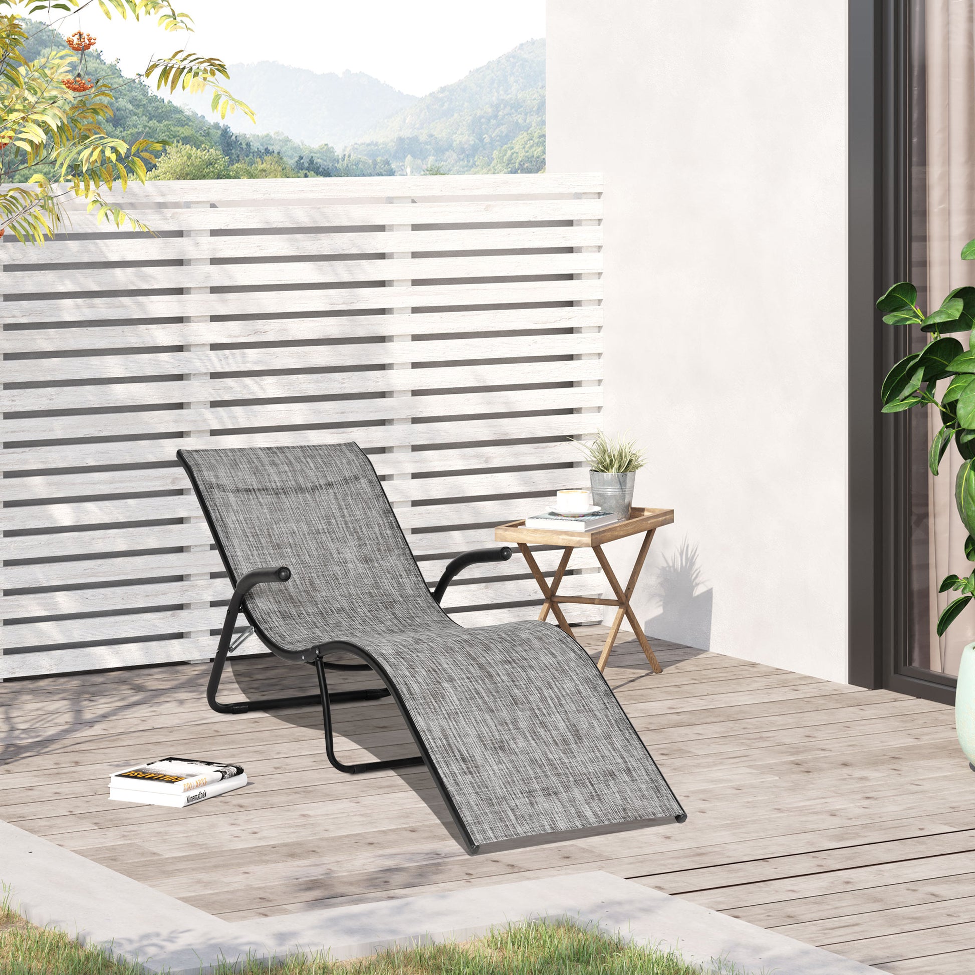 Outsunny Tumbona Plegable De Jardín Con Reposabrazos Y Reposapiés Metal Gris_1