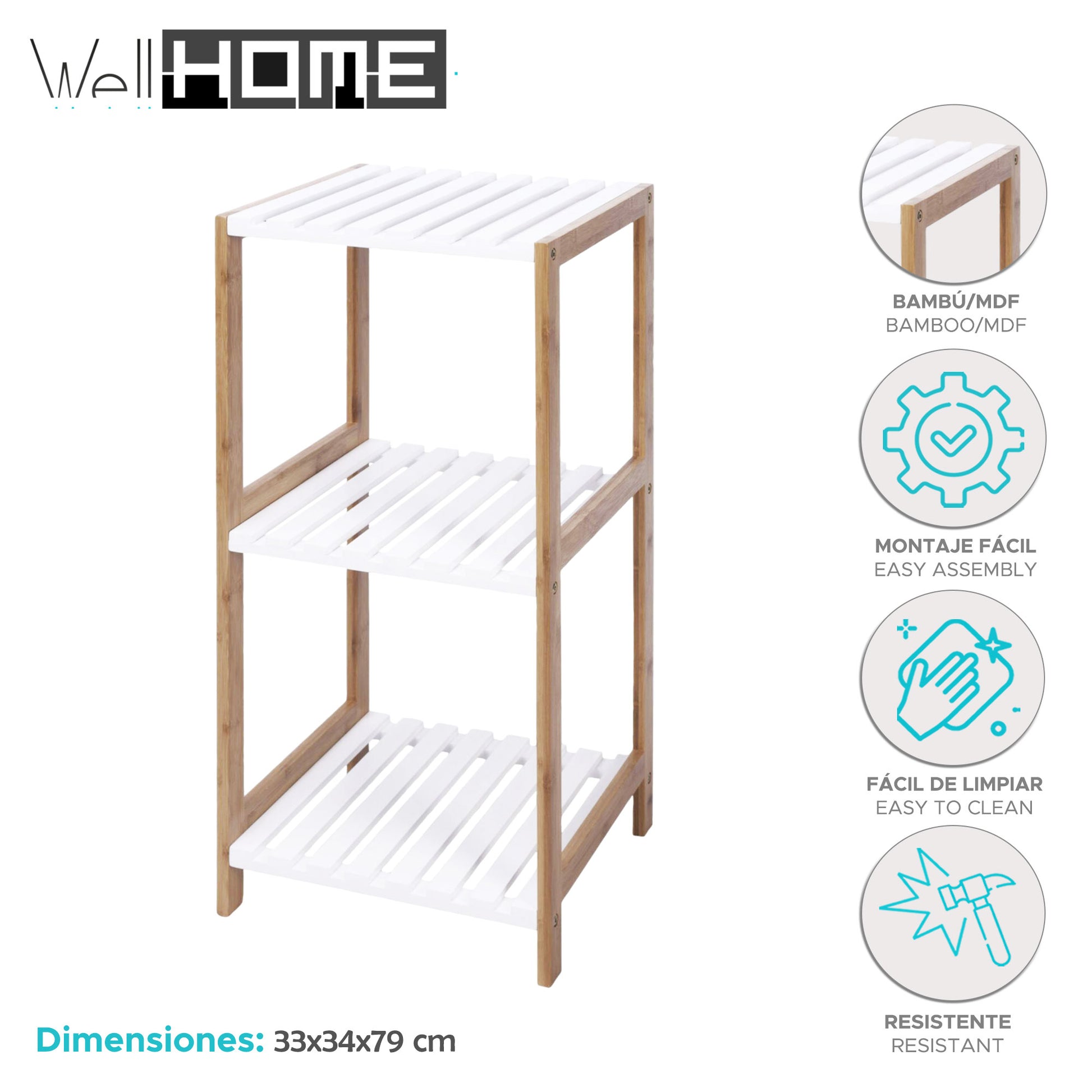 Well Home Estantería De Baño Con 3 Estantes En Mdf Y Patas De Bambú H.79cm