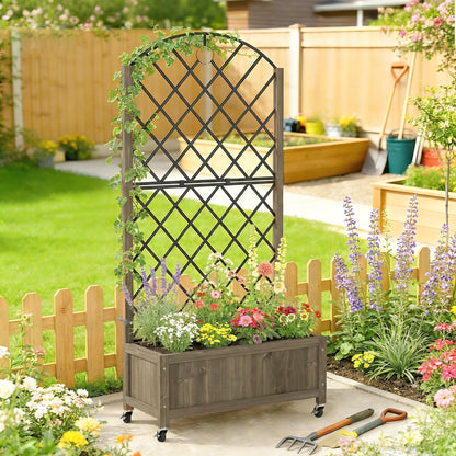 Outsunny Jardinera De Madera Con Enrejado Metálico Y Ruedas Carbonizado_1
