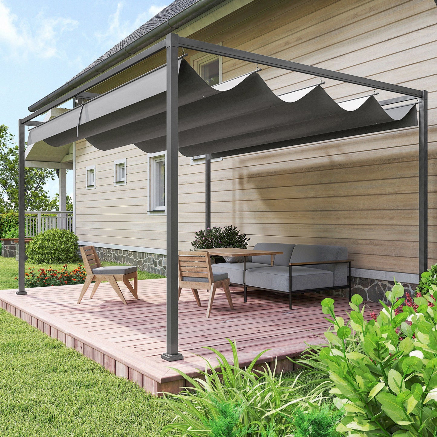 Outsunny Pérgola Con Techo Retráctil 4x3 M Resistente Al Agua Gris Oscuro_1