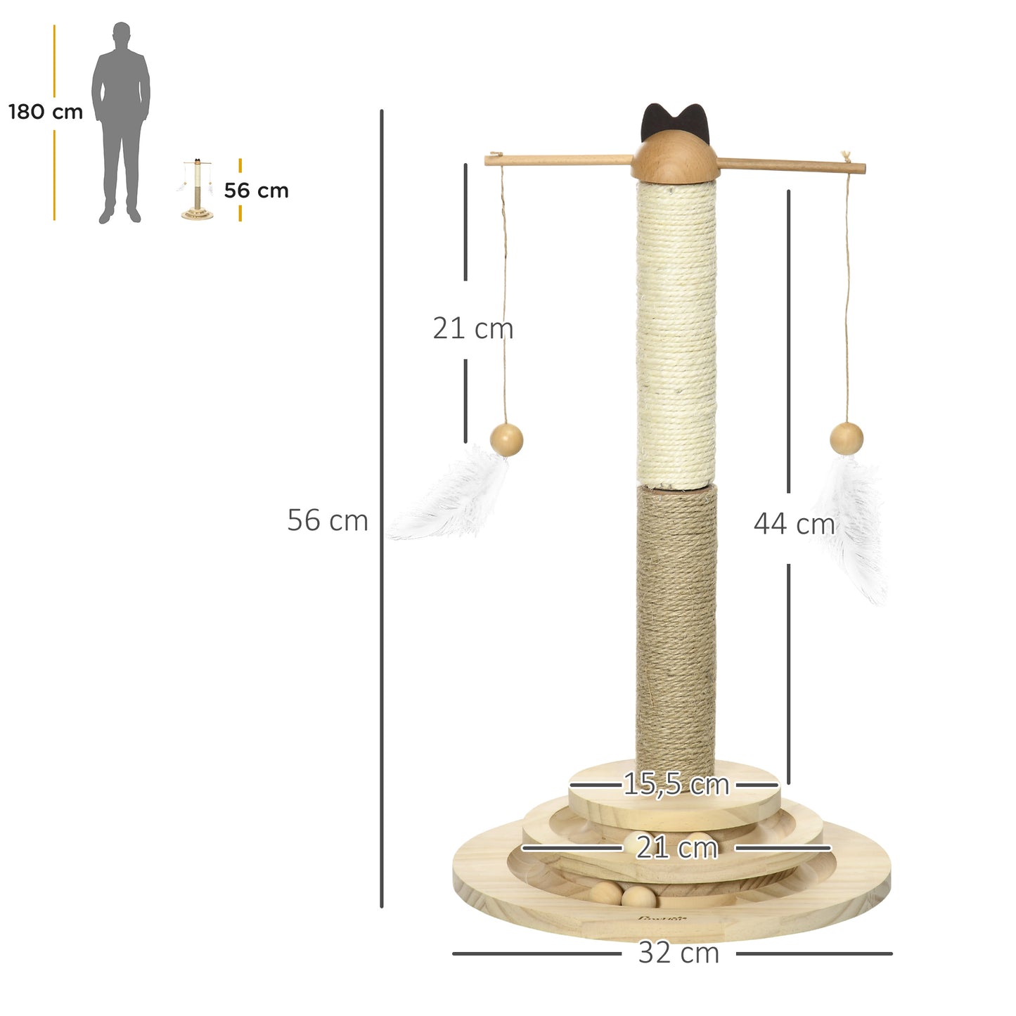 Pawhut Árbol Rascador Para Gatos De Madera 56 Cm Con Poste De Yute Y Sisal Bola_2