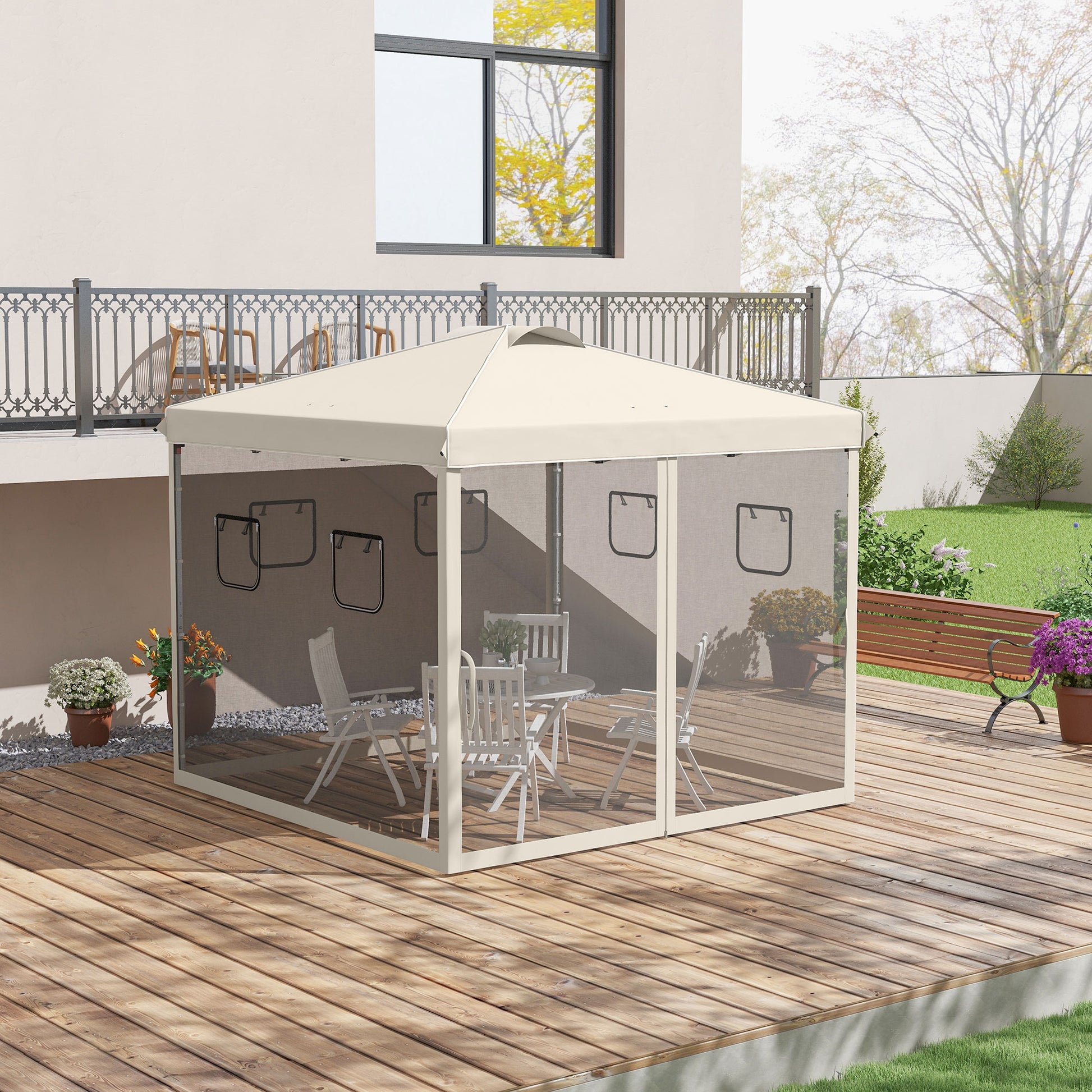 Outsunny Carpa Plegable 3x3 M Con Pared Lateral De Malla 6 Ventanas Beige_1