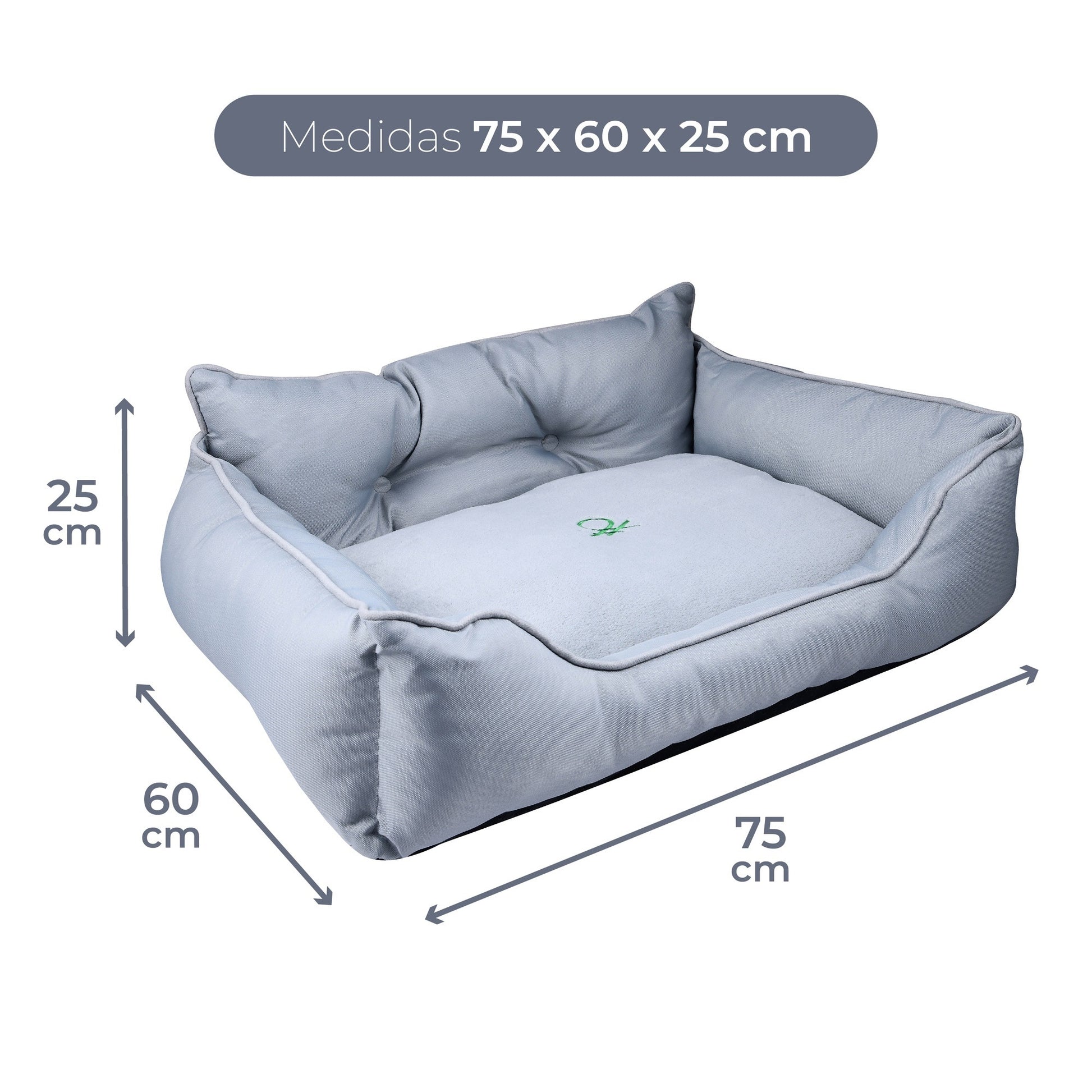 Cama Para Mascota 75x60x25cm Gris + Comedero Doble De Acero En Bambú