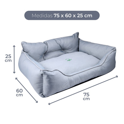 Cama Para Mascota 75x60x25cm Gris + Comedero Doble De Acero En Bambú