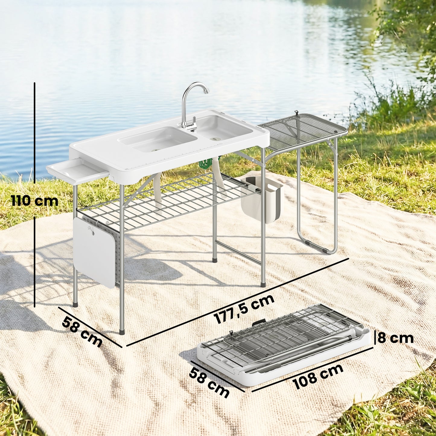 Outsunny Mesa Plegable Camping Con 2 Fregaderos Y Estante Lateral_2