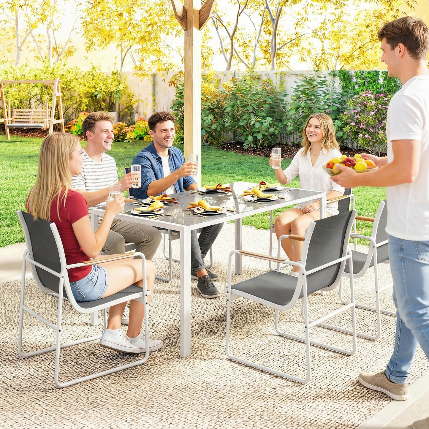 Outsunny Conjunto De Mesa Y Sillas Jardín De 7 Piezas Con Sillas Transpirables_4