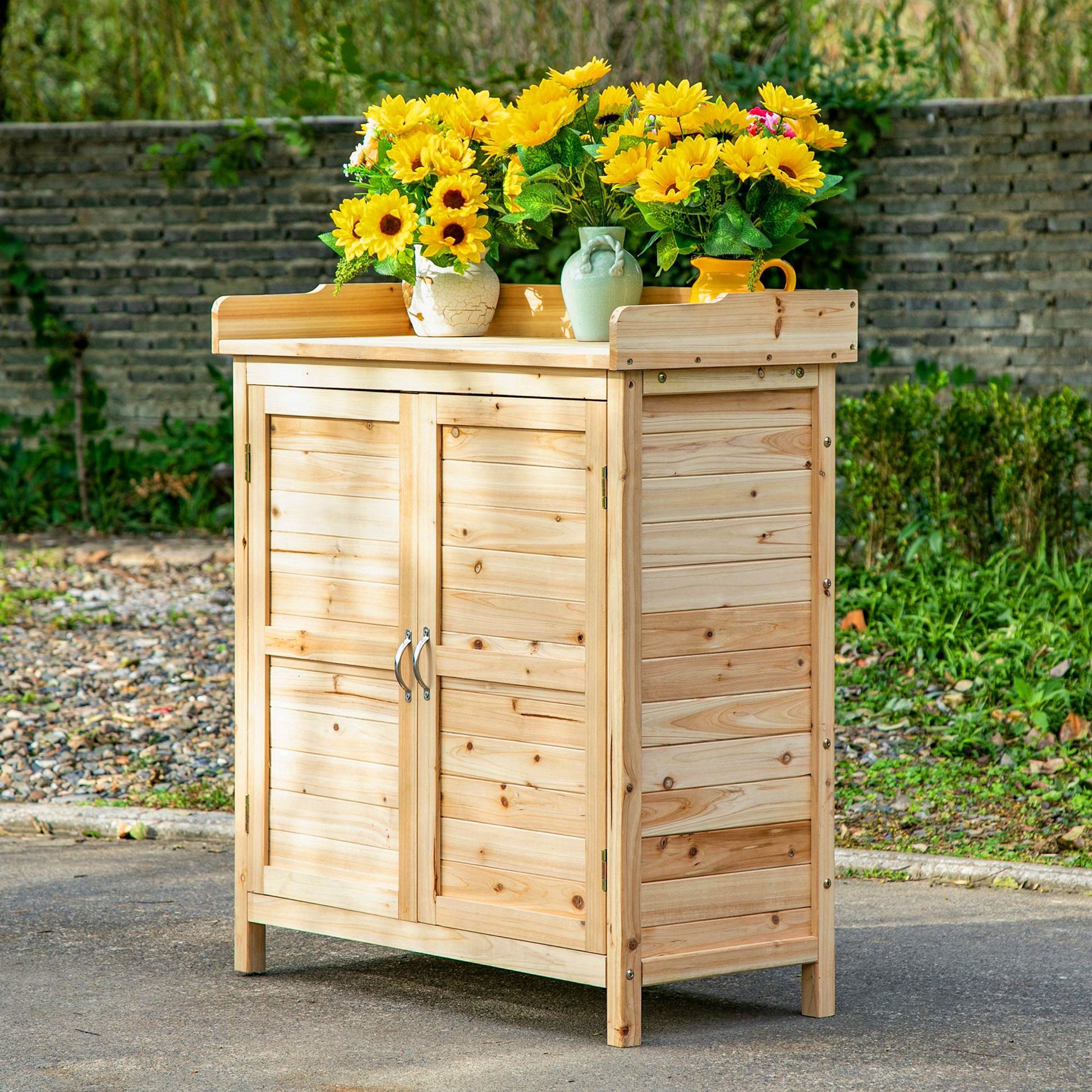 Outsunny Armario De Jardín De Madera Con 2 Puertas Estante 83x40x92 Cm Natural_1