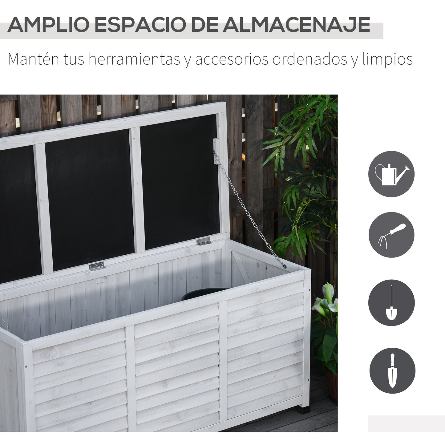 Outsunny Baúl De Madera Exterior Con Tapa Abrible Y Diseño Persiana 127x56x60 Cm_4
