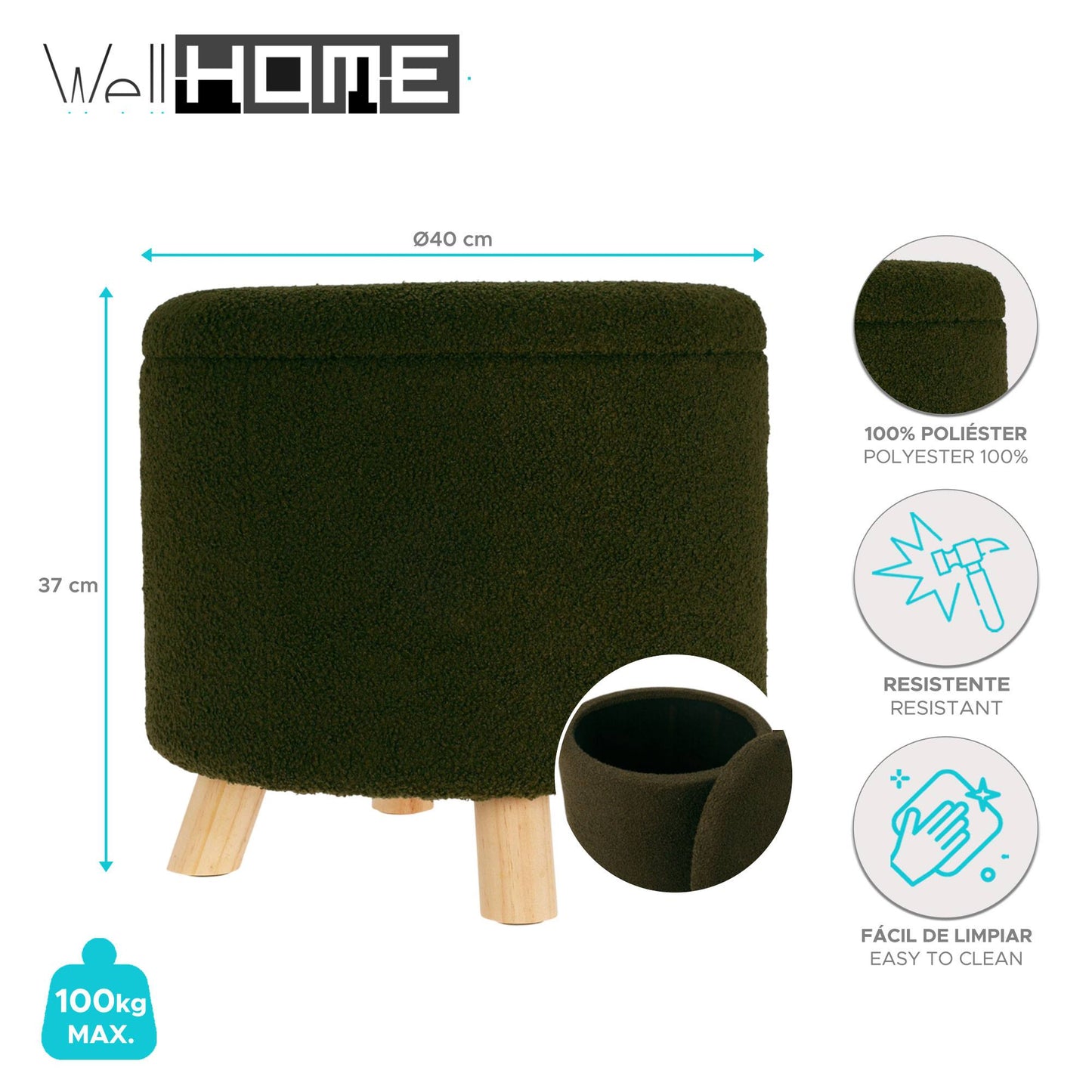 Well Home Taburete De Almacenamiento 100% Poliéster Ø40x37cm De 18l Color Verde_1