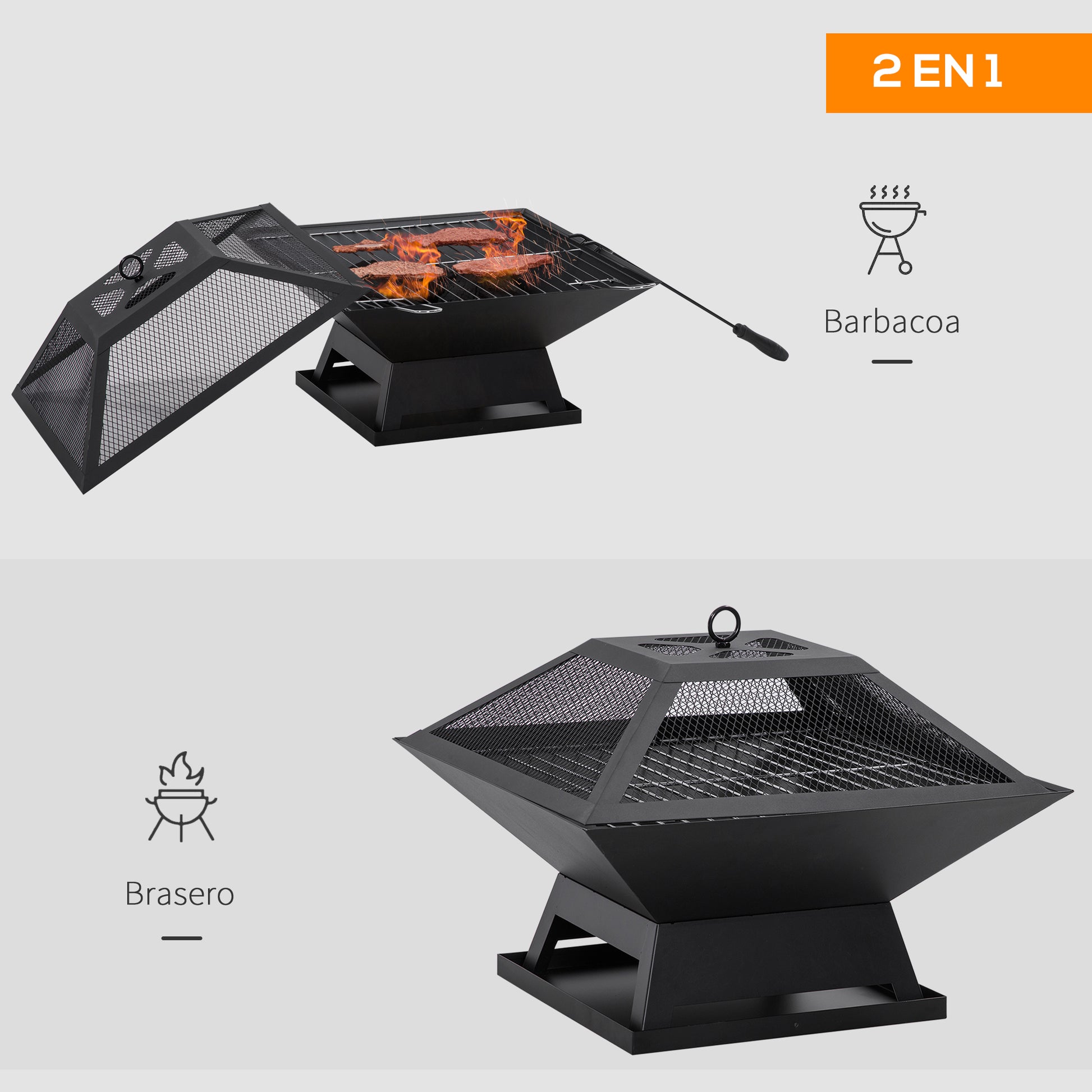 Outsunny Brasero Exterior De Acero Con Protector De Chispas 45x45x34 Cm Negro_4