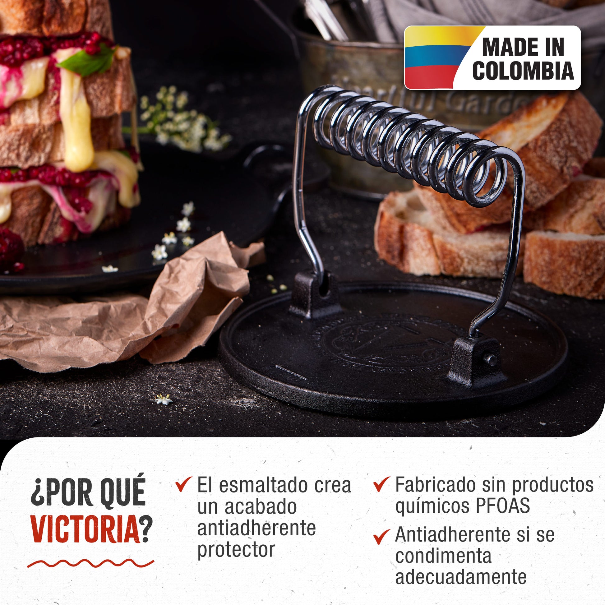 Victoria Prensa Hamburguesas Smash Burger Hierro Fundido Esmaltado 16,5cm Aplastador Carne Para Barbacoa, 36843, Negro_1