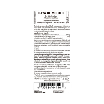 Mirtilo extracto de baya con arándano (Vaccinium myrtillus), 60 cápsulas vegetales