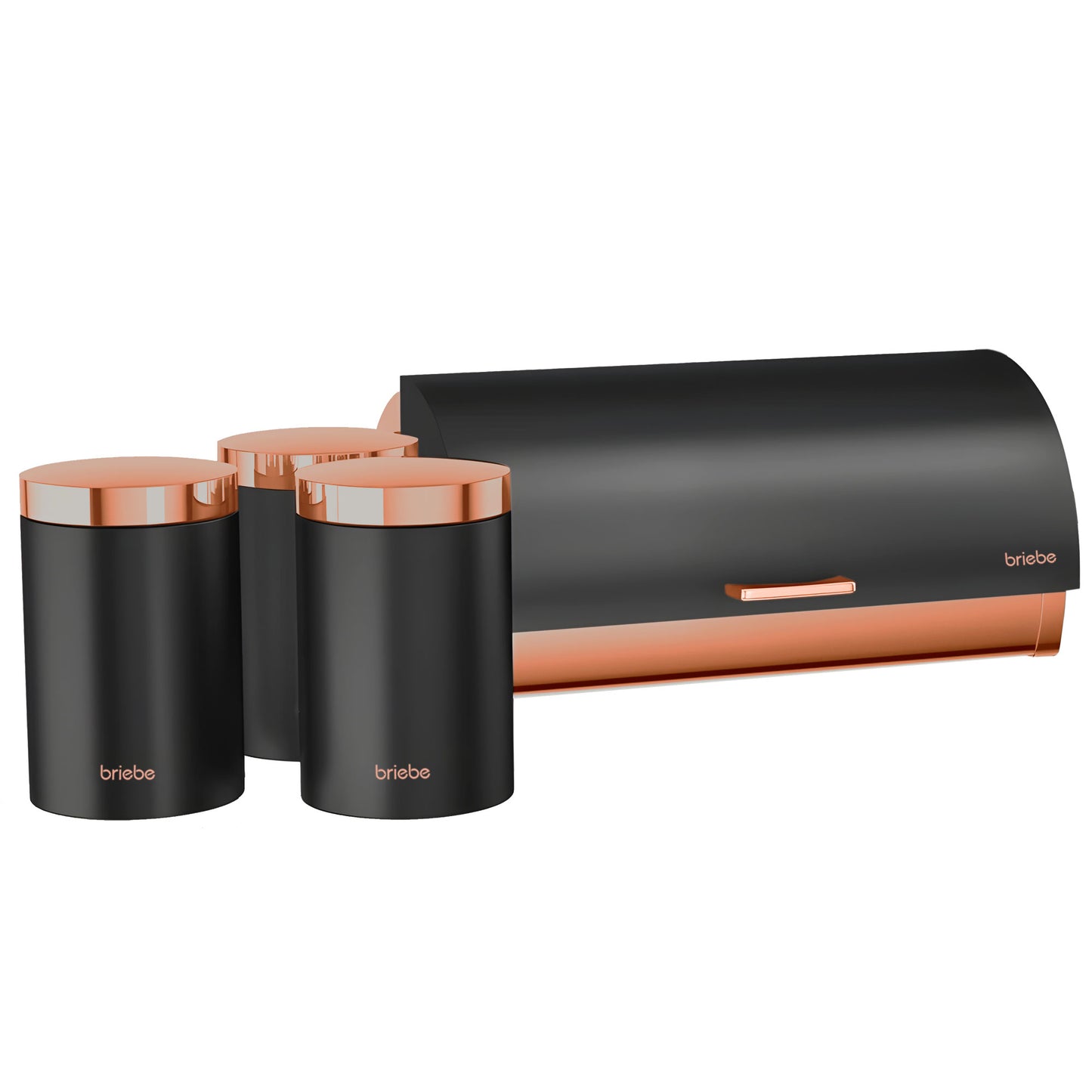 Panera De Mesa +juego 3 Botes Cocina Almacenaje Acero Inoxidable Contenedor De Pan Con Tapa, Briebe, Bb1161, Negro Mate/oro Rosa_0