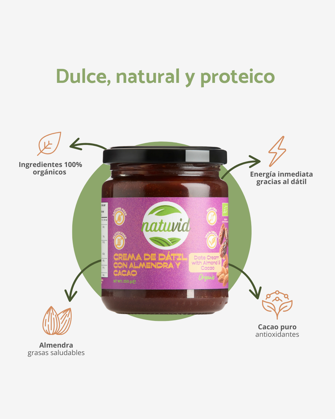 Crema de Dátil con Almendra y Cacao BIO Natuvid | 250gr | Vegana, Sin Gluten y Sin Lactosa | NON-GMO_2