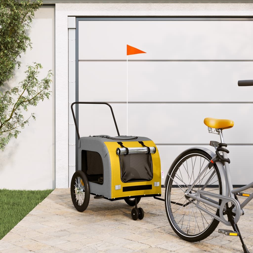 Vidaxl Remolque De Bicicleta Mascotas Hierro Tela Oxford Amarillo Gris_1