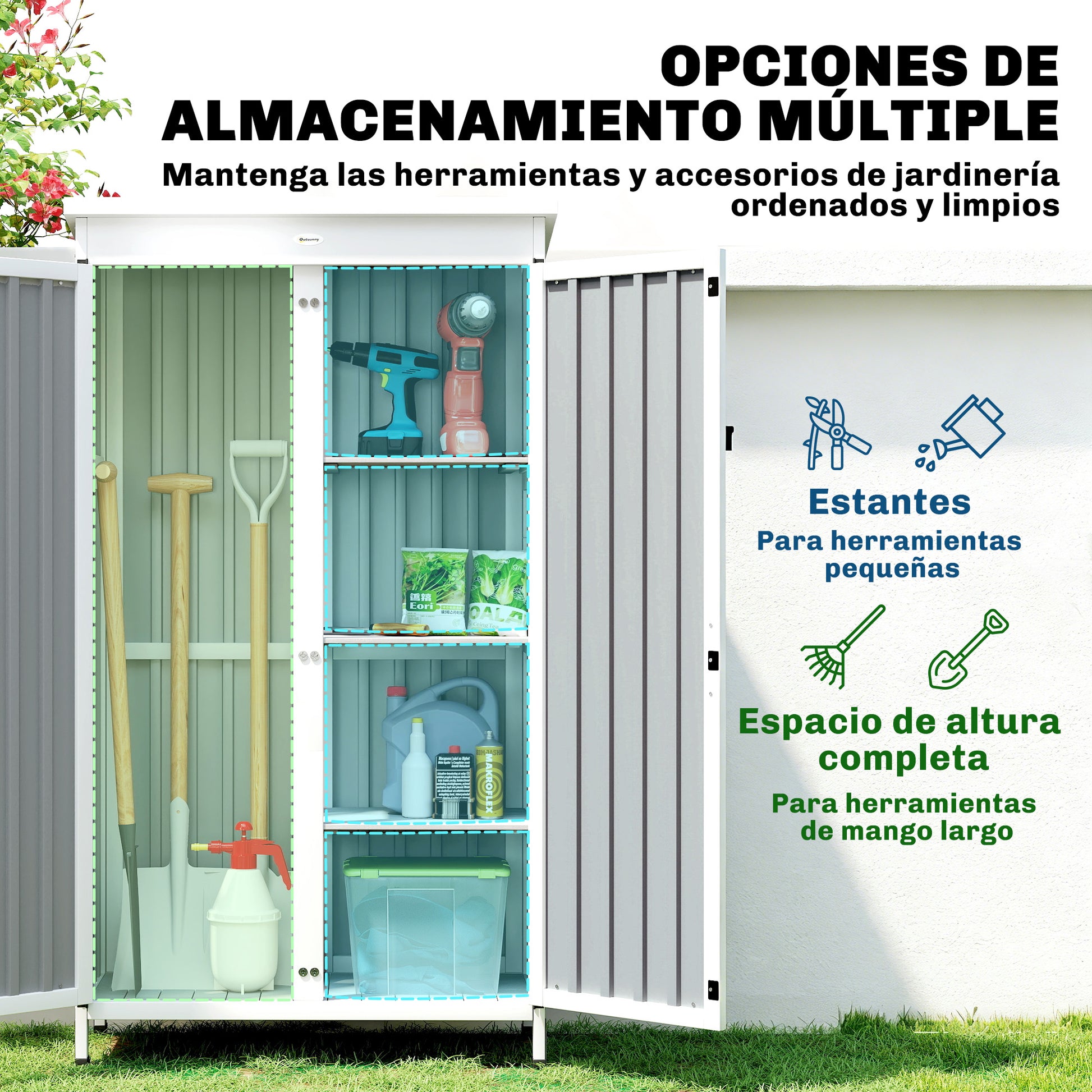 Outsunny Caseta De Jardín De Madera Y Acero 94x43x166 Cm Con Estantes 2 Puertas_4