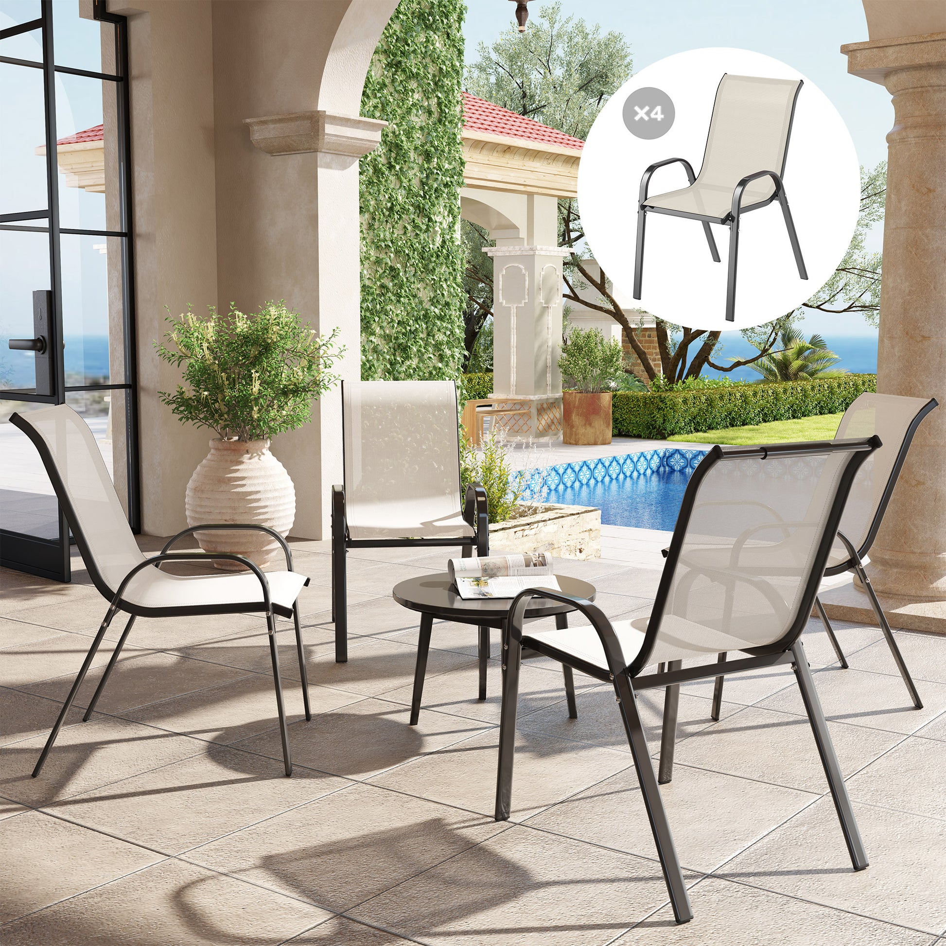 Outsunny Juego De 4 Sillas Jardín Exterior Apilables 54x71x93 Cm Beige Y Negro_1