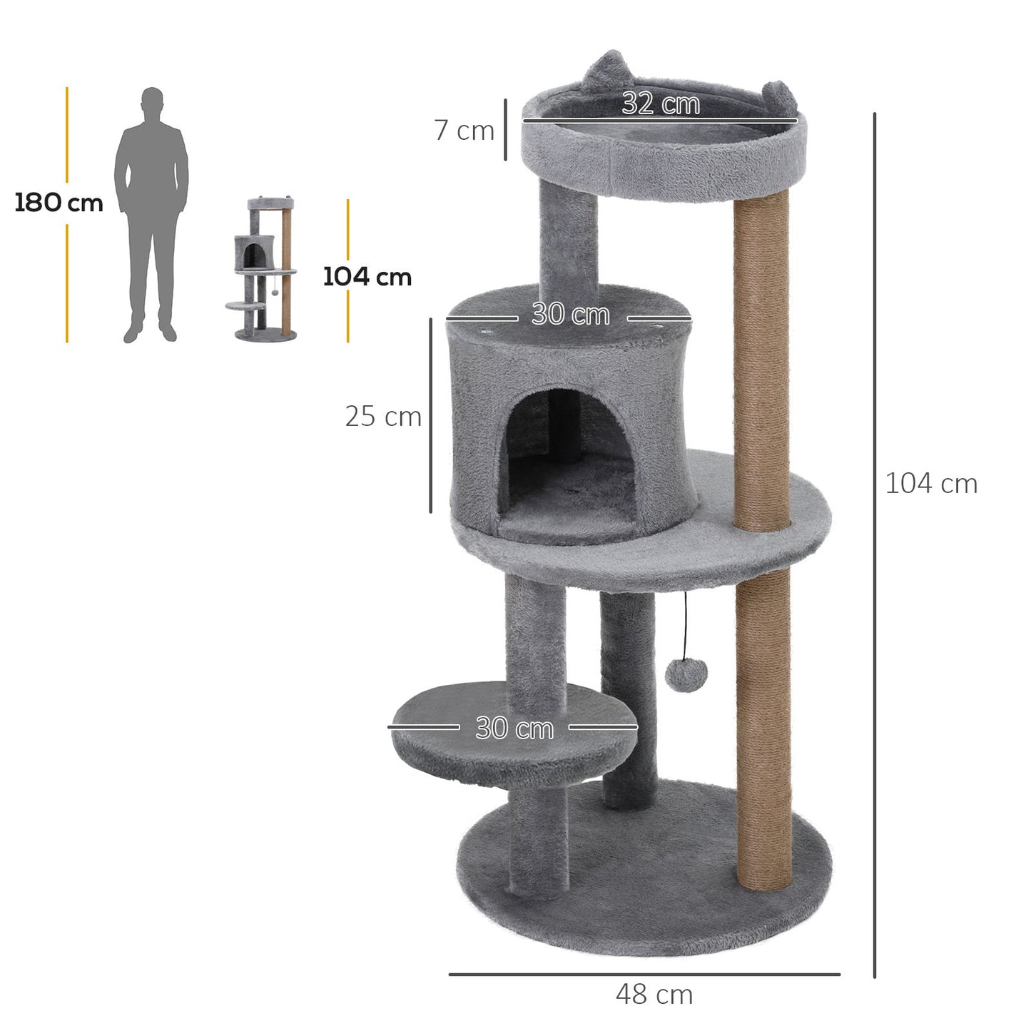 Pawhut Árbol Rascador Para Gatos 104 Cm Con Plataformas Refugio Postes De Sisal_2