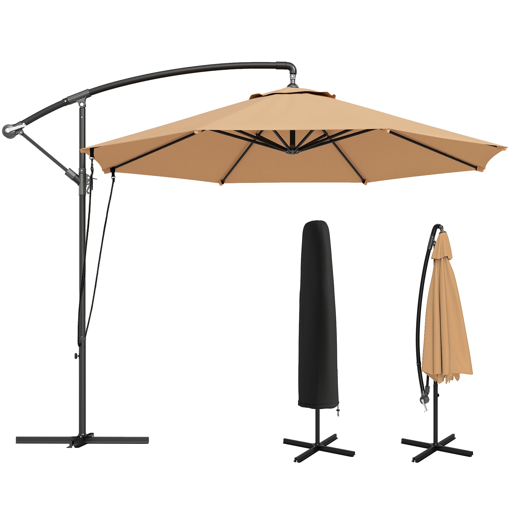 Outsunny Parasol Excéntrico Ø 290 Cm Con Base Cruzada Manivela Anti-uv 50+ Caqui_0