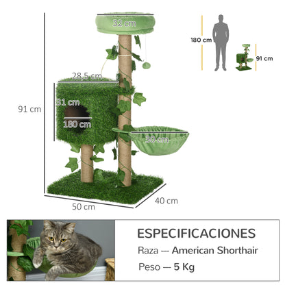 Pawhut Árbol Rascador Para Gatos 91cm Con Caseta Hamaca Poste De Yute Bola Verde_2