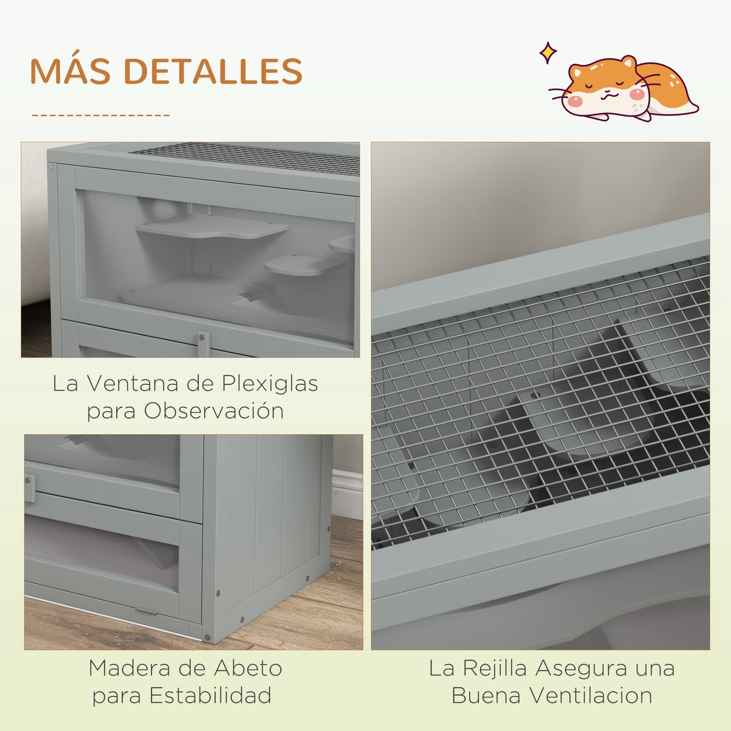 Pawhut Jaula Para Hámster De Madera Con Plataformas Escaleras 60x35x42 Cm Gris_5