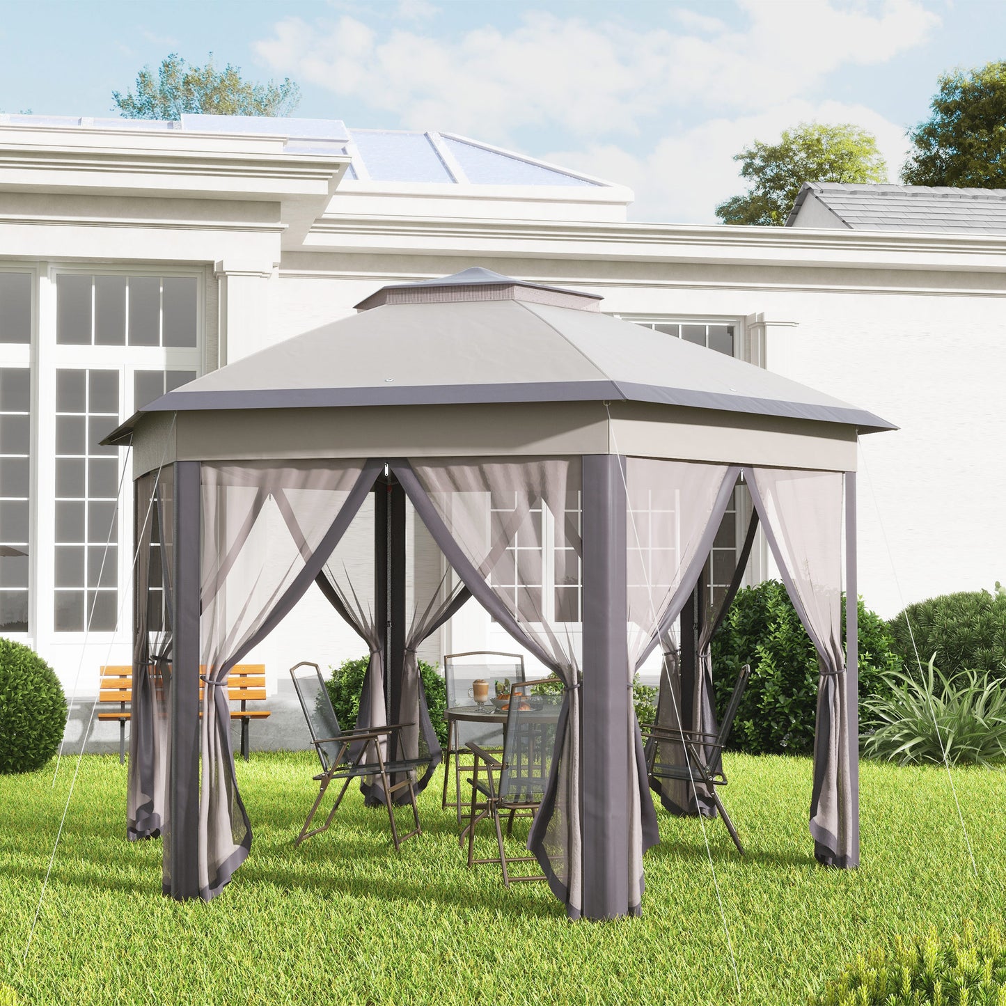 Outsunny Carpa Plegable 4x3,4 M Con Doble Techo 6 Mosquiteras Anti-uv Marrón_3