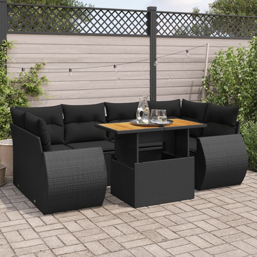 Set De Sofás De Jardín 7 Pzas Con Cojines Ratán Sintético Negro / Vetonek_0