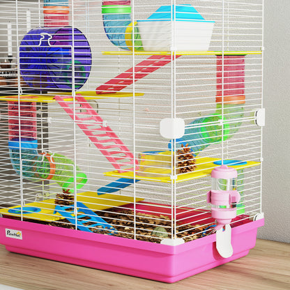Pawhut Jaula Para Hámster Con Túnel Cuenco Bebedero 46x30x58 Cm Rosa_3